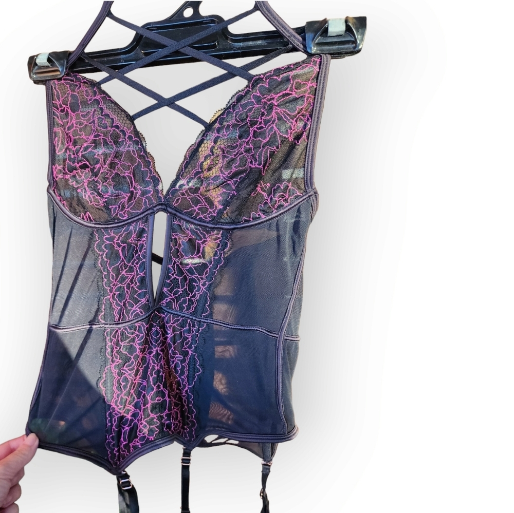 BRAS N THINGS corset bustier garter belt black mesh purple lace size 10 - Picture 11 of 14